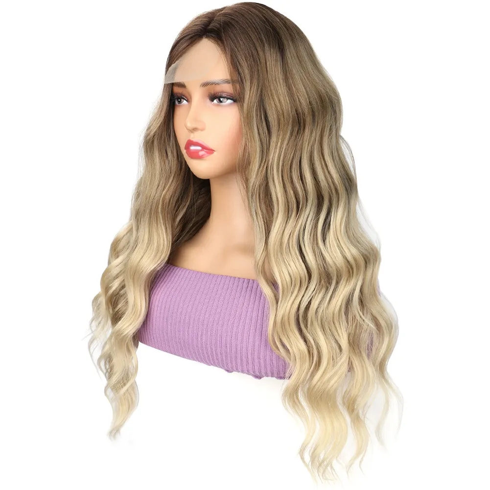 4/27 Evidenziare Parrucca Sintetica Del Merletto Parte U Onda Oceano Ombre Bionda Parrucca Sintetica Dei Capelli per Le Donne Marrone Bionda Ondulata Parrucca Dell'onda Del Corpo