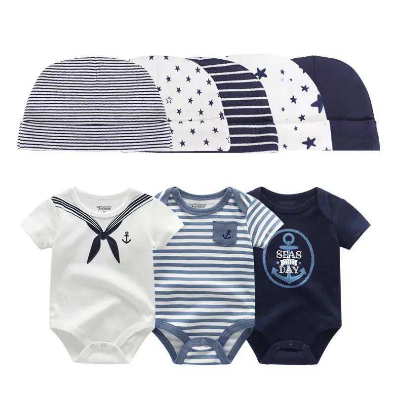 Baby 3 Pack Cotton Bodysuits & 5 Printed Hats, Cartoon Print Short Sleeve Onesie Cap Outfit For Newborn Infant Boys Girls