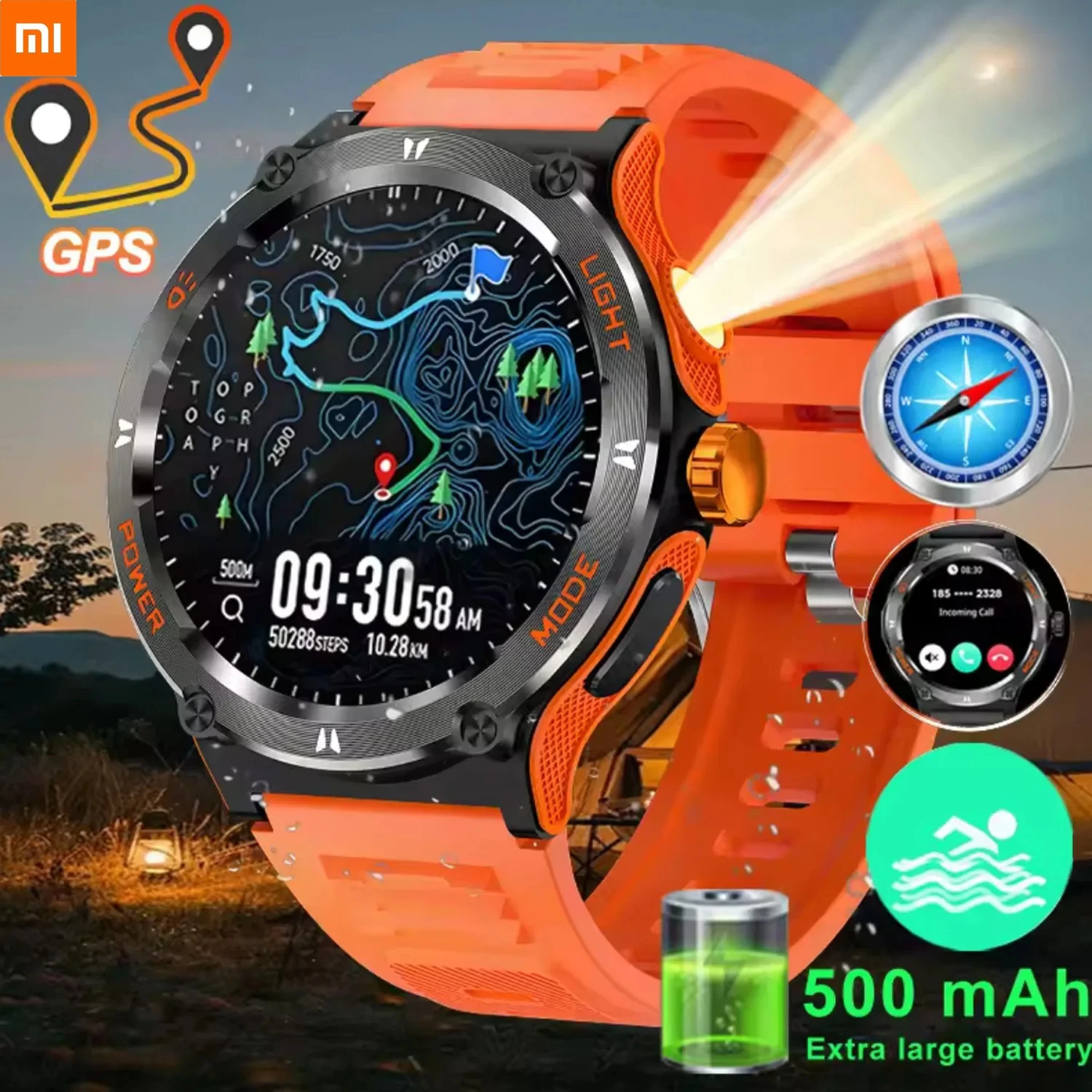 ساعة Xiaomi بوصلة رياضية 3ATM مقاومة للماء ساعة ذكية لمراقبة الصحة بلوتوث مكالمة 500Mah LED ساعة ذكية 2025