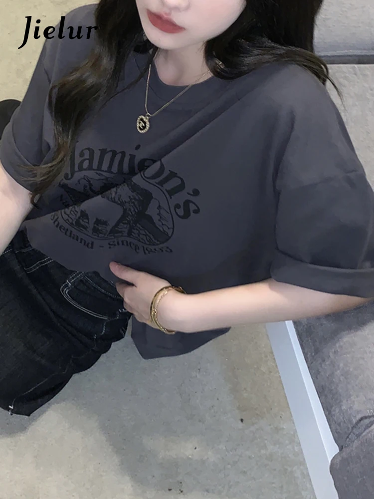 Jielur Letter Print Female T-shirt Summer Fashion Loose T Shirts Women Short Sleeve Cool Young BF Harajuku Top Dark Grey