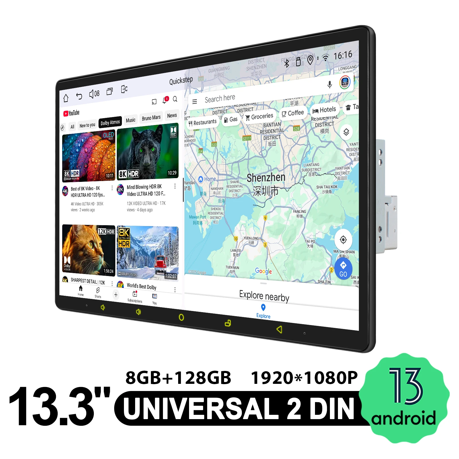 راديو ستيريو عائم للسيارة مقاس 13.3 بوصة مع CarPlay اللاسلكي ونظام صوت السيارة الذكي Android يدعم 360 درجة °   تركيب الكاميرا