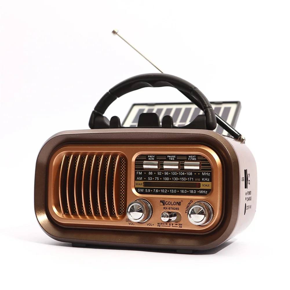 Painéis solares portáteis FM estéreo, rádio de alto-falante compatível com Bluetooth, USB recarregável, vintage 3 banda grande afinação botão rádio