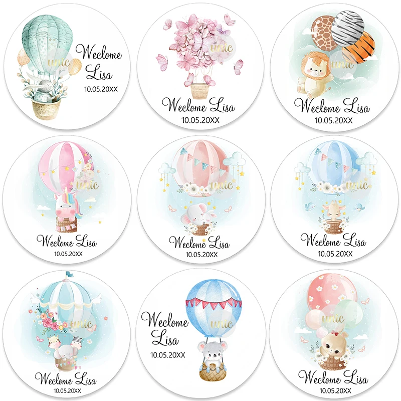 Custom Welcome Baby Hot Air Balloon Animals Birthday Party Labels Favors Round Sticker Baby Shower Personalise Travel Sticker