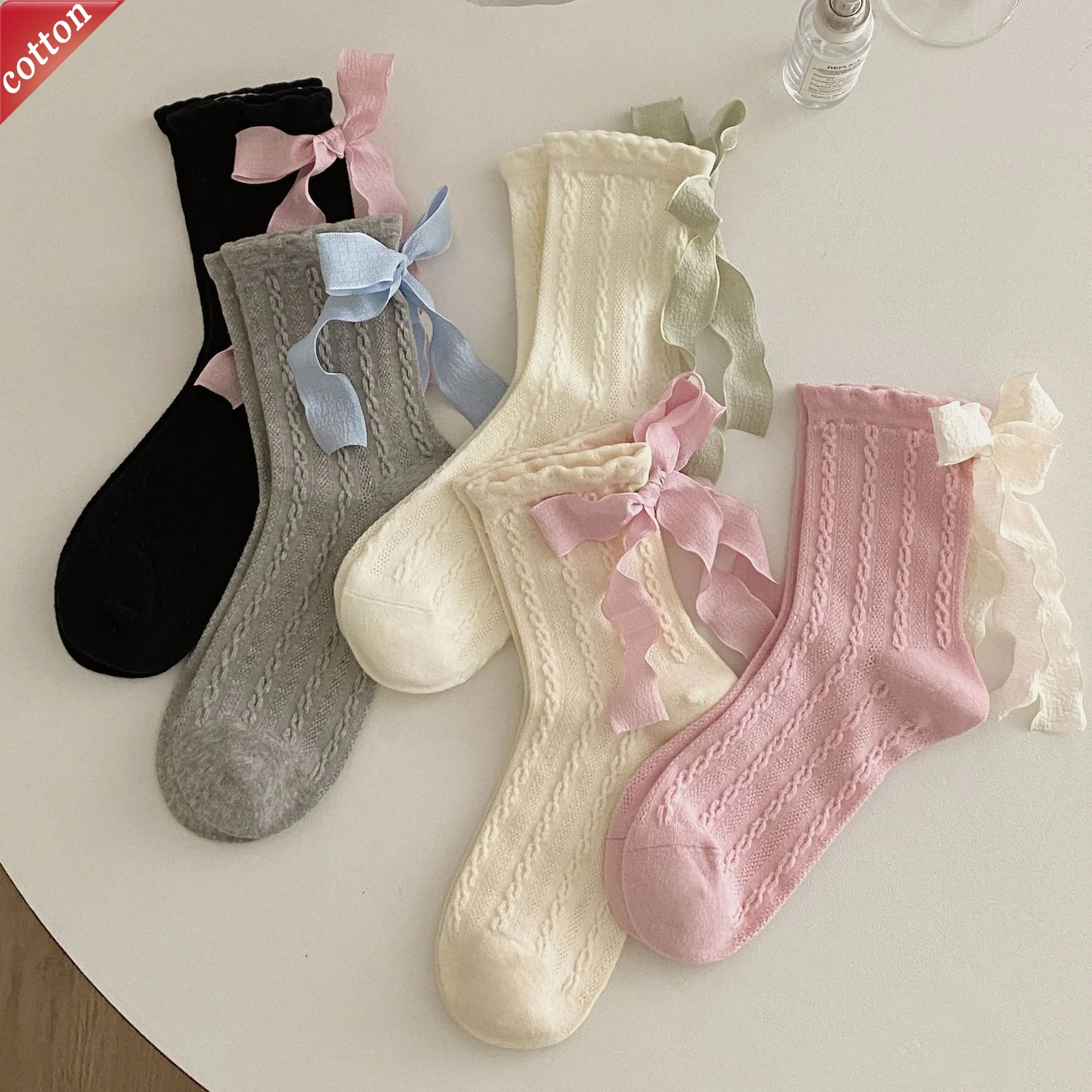 

Women's Socks Korean New Mid-calf Ribbons Bows Lolita JK Ballet-style Sweet Kawaii High Quality Breathable Cotton Socks For Girl
