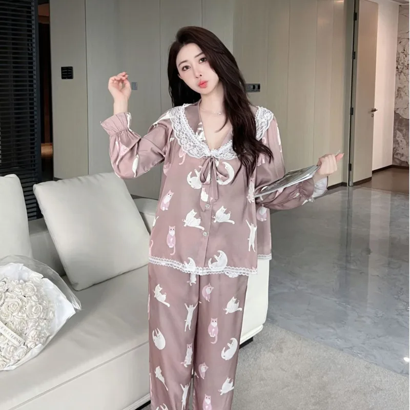 2025 Spring Autumn Girl Women Doll Collar Long Sleeve Pants Pajamas Cute Cartoon Ice Silk Two Piece Set Sleepwear Loungewear