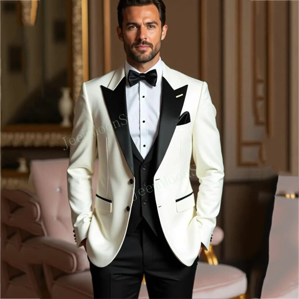 3 Pieces Black Peak Lapel Ivory 2025 Suit For Men Black Vest Pants Groom Wear Wedding Suit Slim Fit Tailor Made Costume Homme