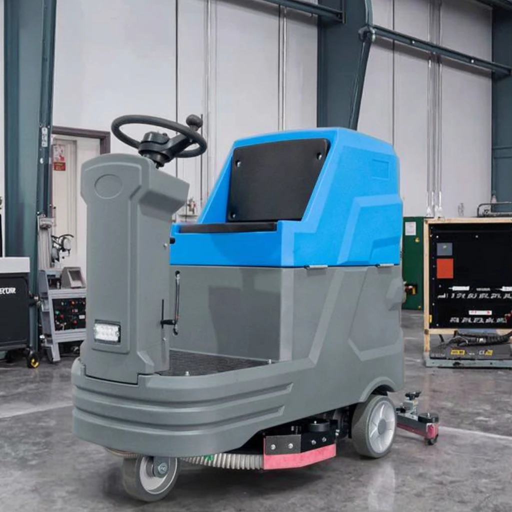 Automatic Industrial Floor Cleaning Machine Ride-On Floor Scrubber Dryer Driving Type Anti-Roll Braking Sloped Warehouse