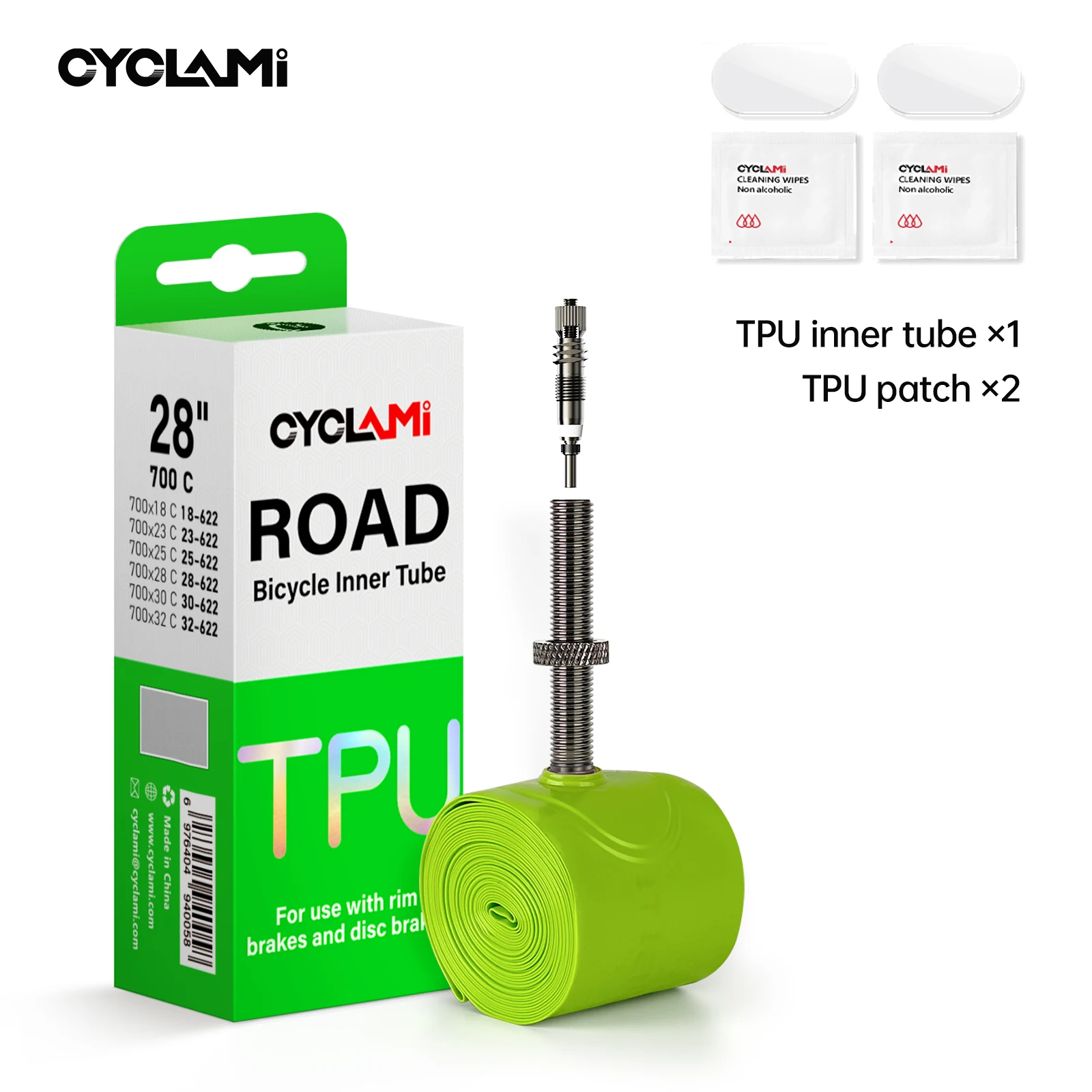 CYCLAMI Ultraleichter TPU-Fahrradschlauch mit Metallventil, abnehmbarem französischem Ventil für Rennräder 700C 700 18 23 25 28 30 32 C