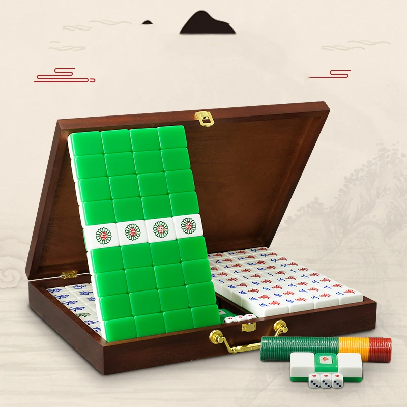 

Hot Mahjong set 39 40 42mm Green white acrylic household hand-rubbed mahjong tiles exquisite wooden box 144pcs mahjong Game mj11