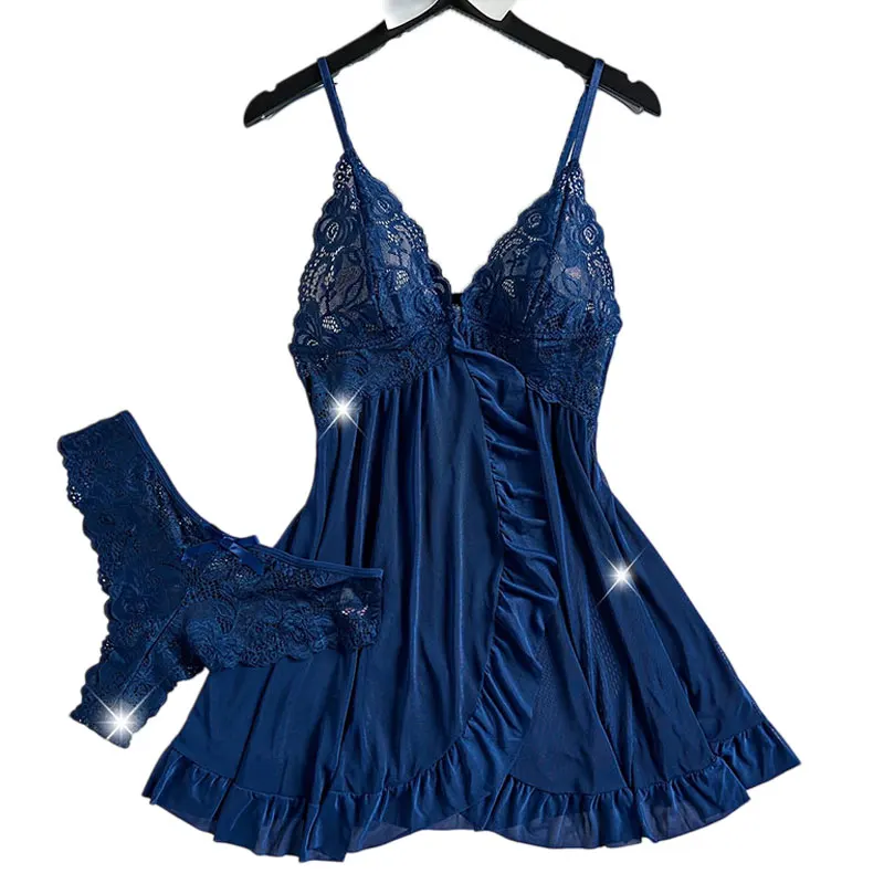

A Set Of Halter Nightgowns Summer Night Dress Hot Sales Thong/Pajama Sets V-Neck Sleeveless Sleeping Clothes Pure Lace Bedgown