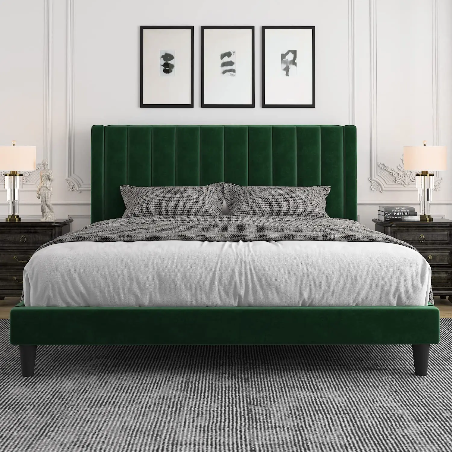 Velvet Upholstered King Bed Frame with Vertical Tufted Headboard & Wooden Slats, No Box Spring Needed, Easy Assembly, Customized