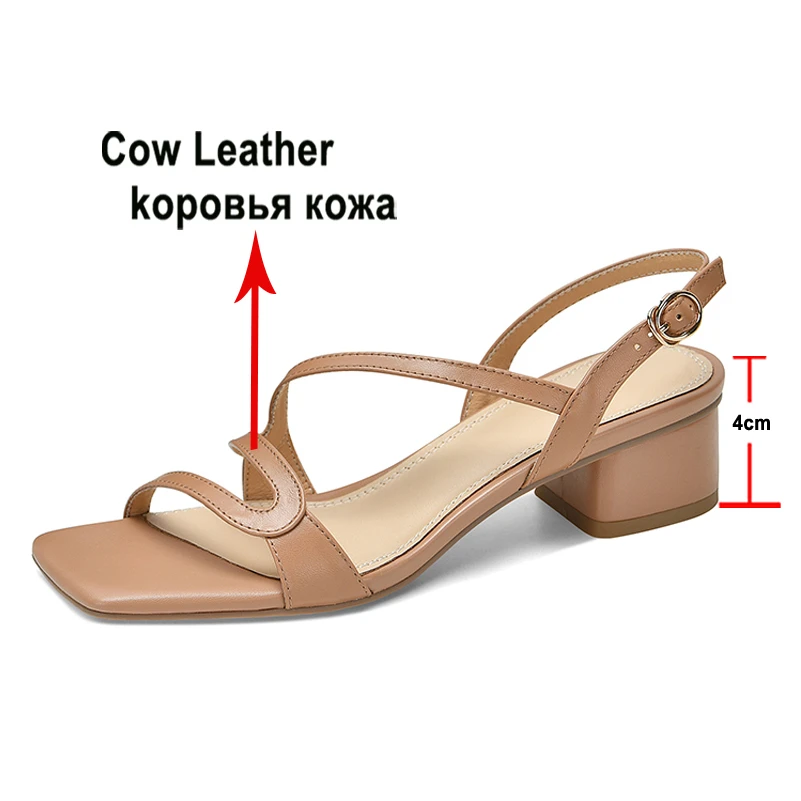 Meotina Women Genuine Leather Sandals Square Toe Chunky Mid Heels Buckle Concise Ladies Fashion Casual Shoes Summer Brown Beige