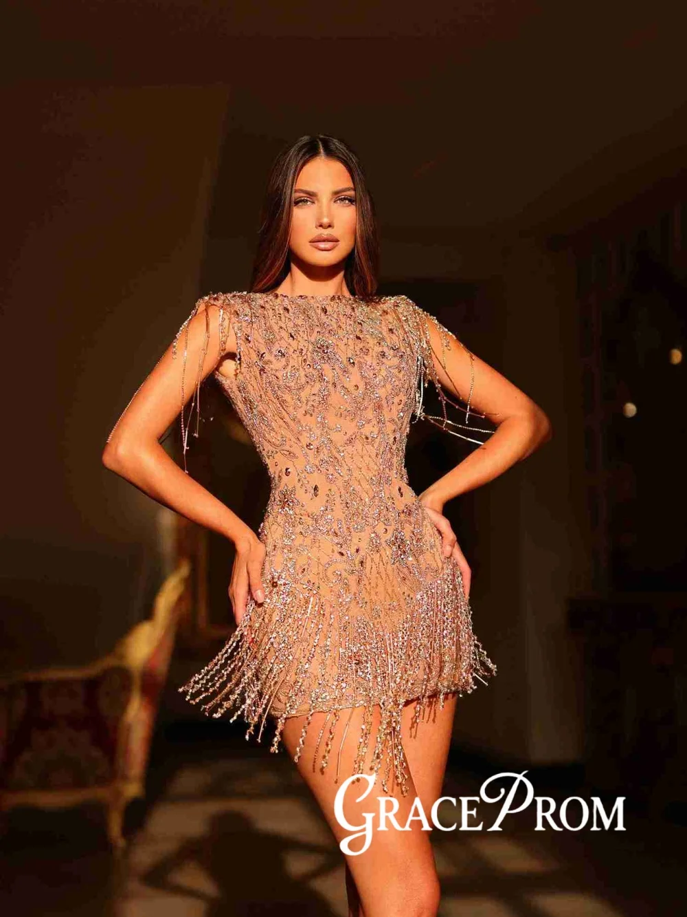 

Rose Gold Beaded Tassel Mini Evening Dress Illusion Sleeveless Homecoming Dresses For Party 2026 Customized Chic Cocktail Gown