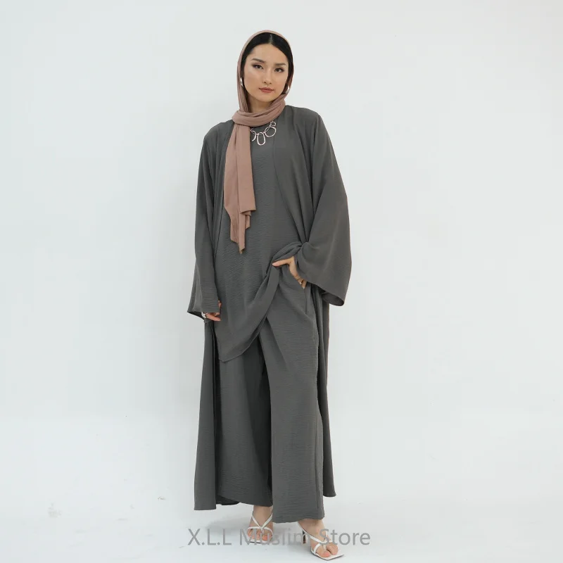 Set 3 Piece Muslim Woman Islamic Ladies Suit Top+Pants+Abaya Dubai Luxury Sets For Muslim Women Robe Chic Turkey Sport Suits