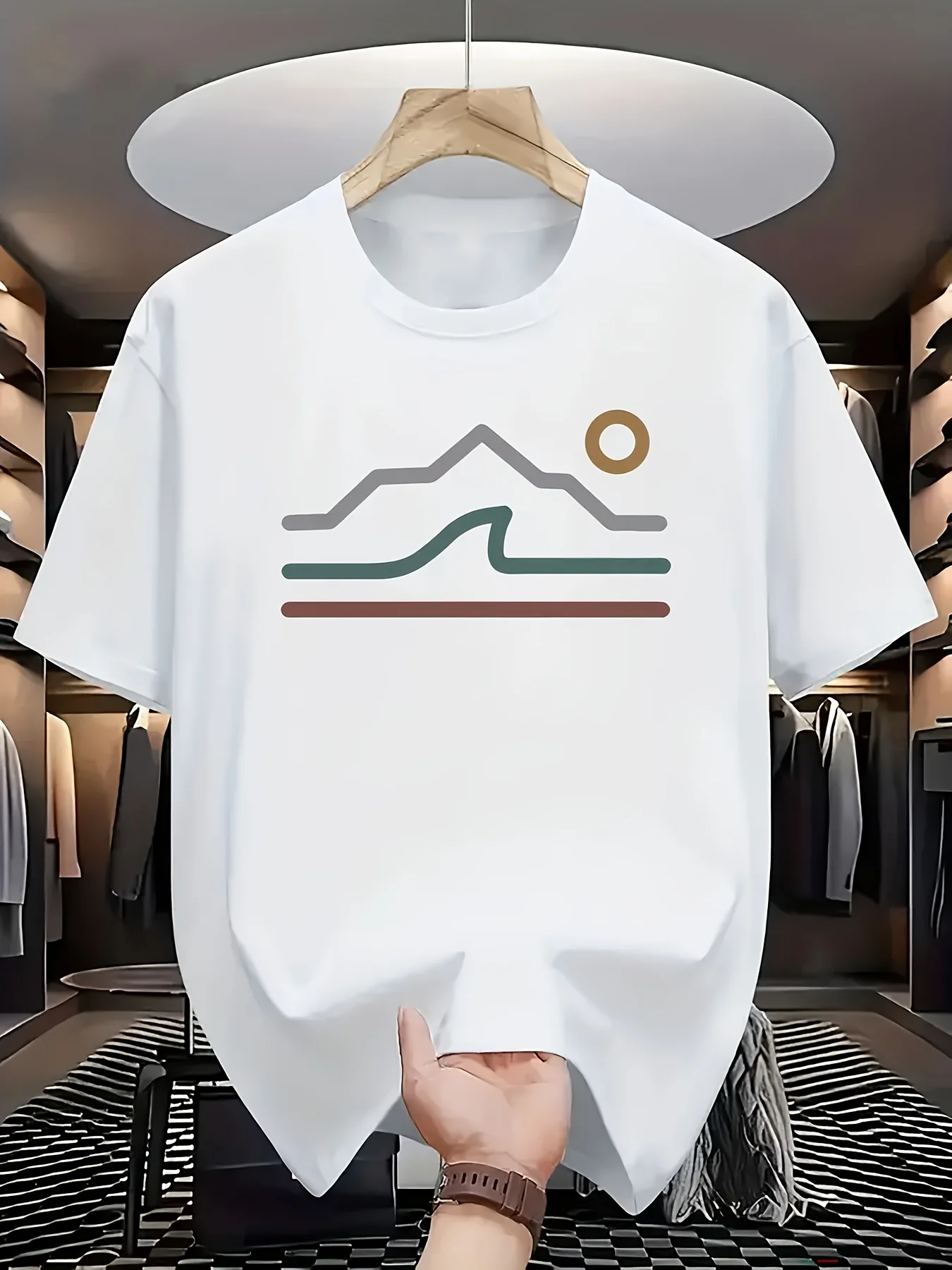 Minimalist Line Style Mountain Sunrise Pattern Print White Short Sleeve T-Shirt, Creating a Fresh And Natural Style