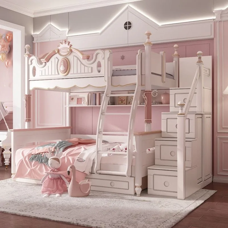 # Enchanted Natural OAK Wood Double-layer Bed Playful Castle Design Safety Railings Storage Stairs for Boutique Nursery Project