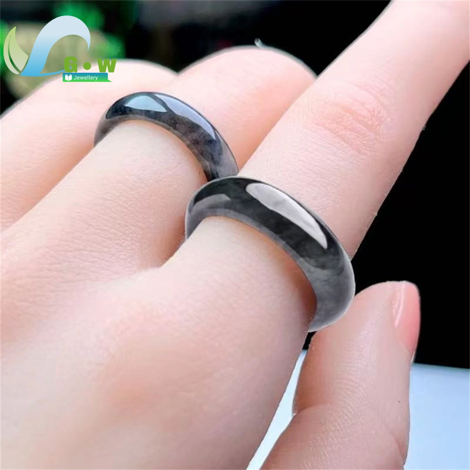 Natural A Grade Icy Black Feathered Jadeite Ring Genuine Dark Band Chunky Finger Jewelry Unisex Exquisite Ethnic Style Gift