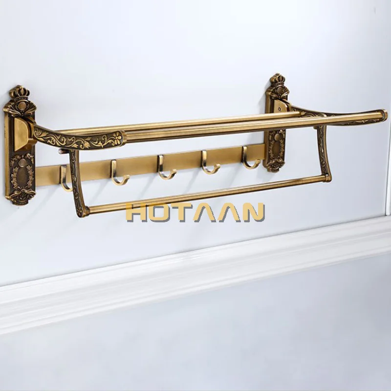 Aluminum Foldable Antique Brass Bath Towel Rack Active Bathroom Towel Holder Double Towel Shelf With Hooks Bathroom Accessories