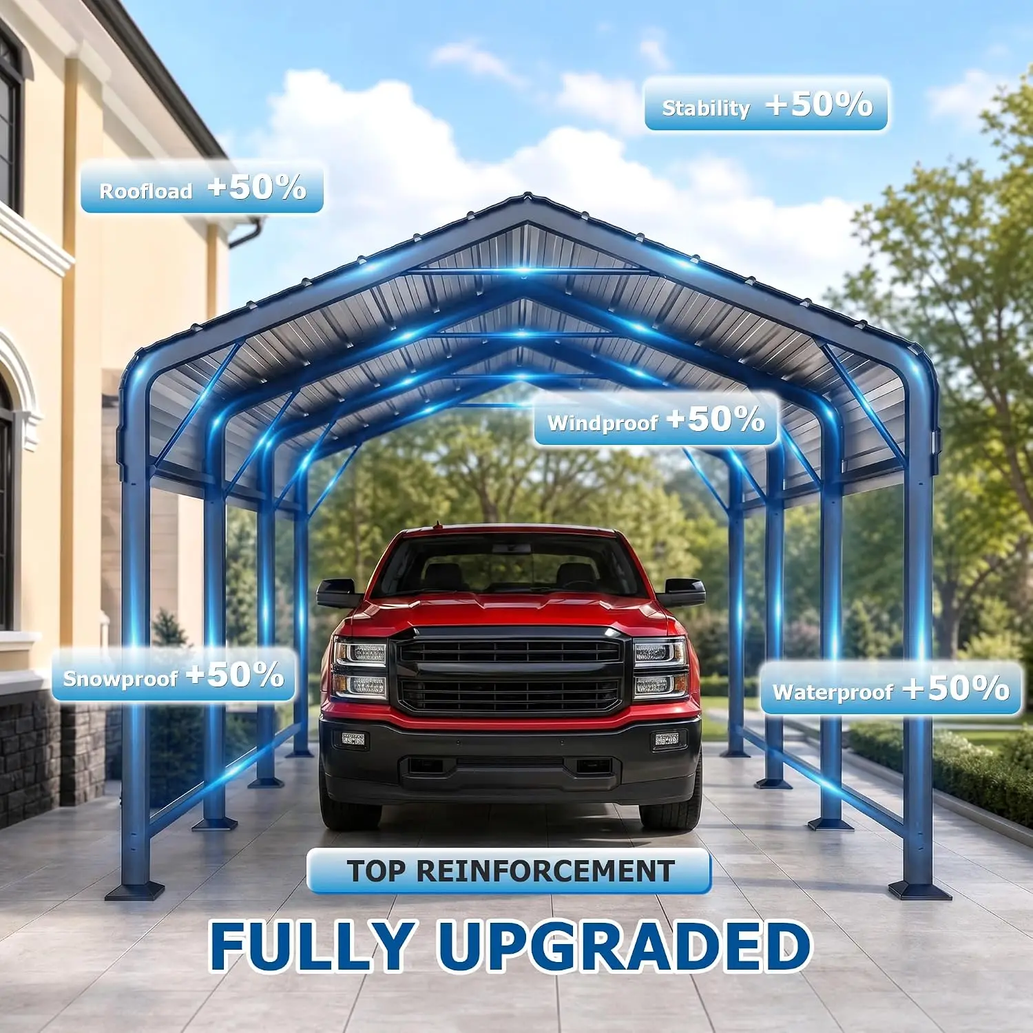 Heavy Duty Carport 10'x15' Steel Roof, Reinforced Triangle Frame Wind Snow Resistant Base, Tent for RV Boat Truck, Customized