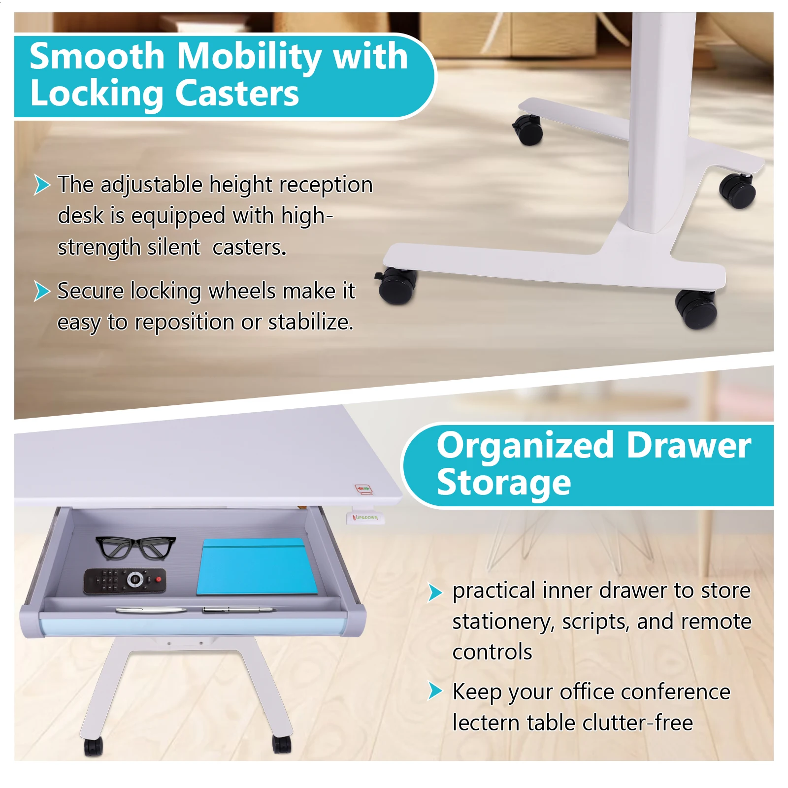 Mobile Metal Lectern with Wheels Adjustable Height Reception Desk Standing Lift Lectern for Presentations & Public Speaking