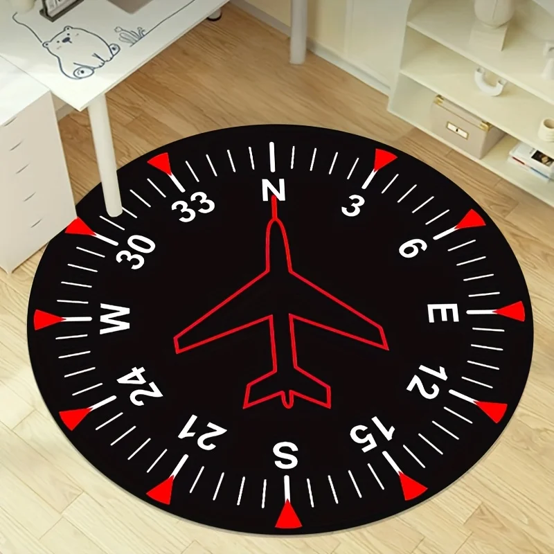Compass & Aircraft Round Rug – Mythic Navigation Design Crystal Velvet Mat for Bedroom, Living Room – Indoor Decor