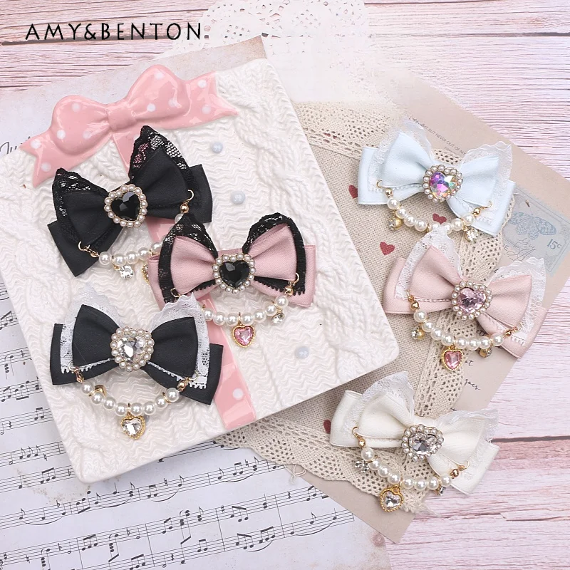 

Handmade Sweet Mine Series Hair Clip Lace Stitching Beaded Rhinestone Heart Hair Bows All-Match Cute Lolita Hair Accessories