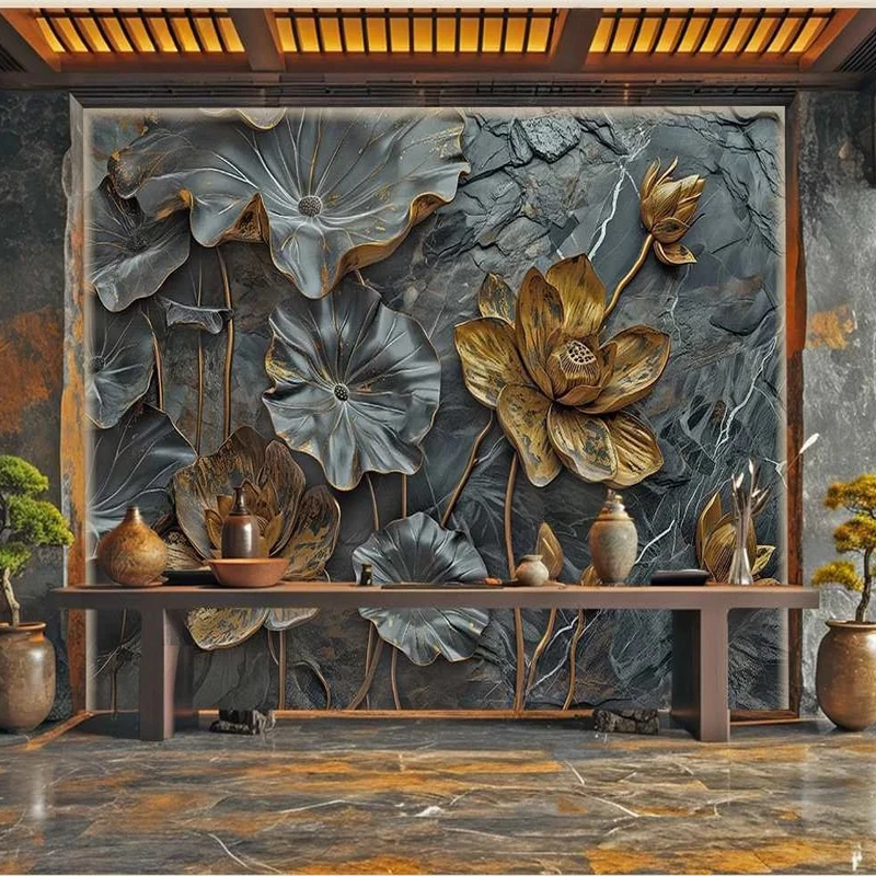 

Custom Any Size Wallpaper for Wall 3D Embossed Rock Gilt Plants Lotus Leaf Art Photo Mural Canvas Living Room TV Backgdrop Decor