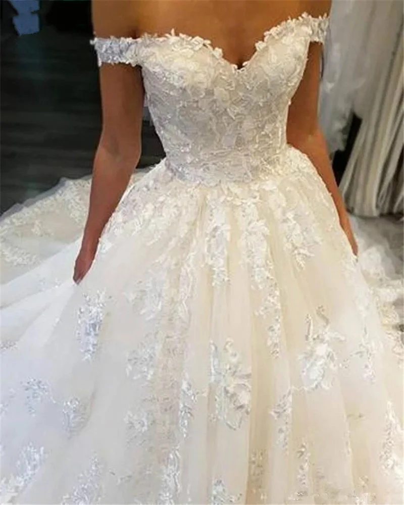 تخصيص قبالة الكتف الدانتيل يزين فساتين الزفاف Vestidos De Casamento الكنيسة خمر مشد الظهر ثوب الزفاف