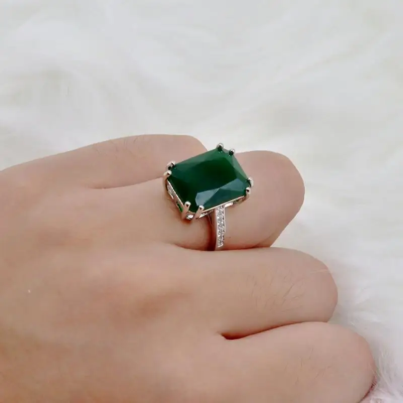 16*12mm Big Square Stone Ring for Women Brides Luxury Wedding Jewelry Dark Green Zircon Ring Female Exquisite Holiday Gift