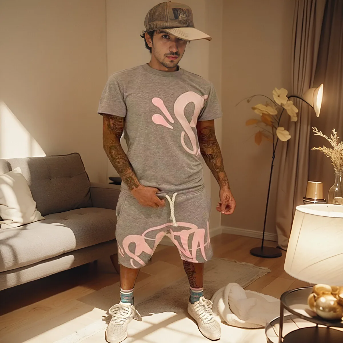 

Synaworld Sportswear Set American Street Y2K Top Hip Hop Retro Dstring Loose Wide Leg orts ex Summer Casual Cotton T...