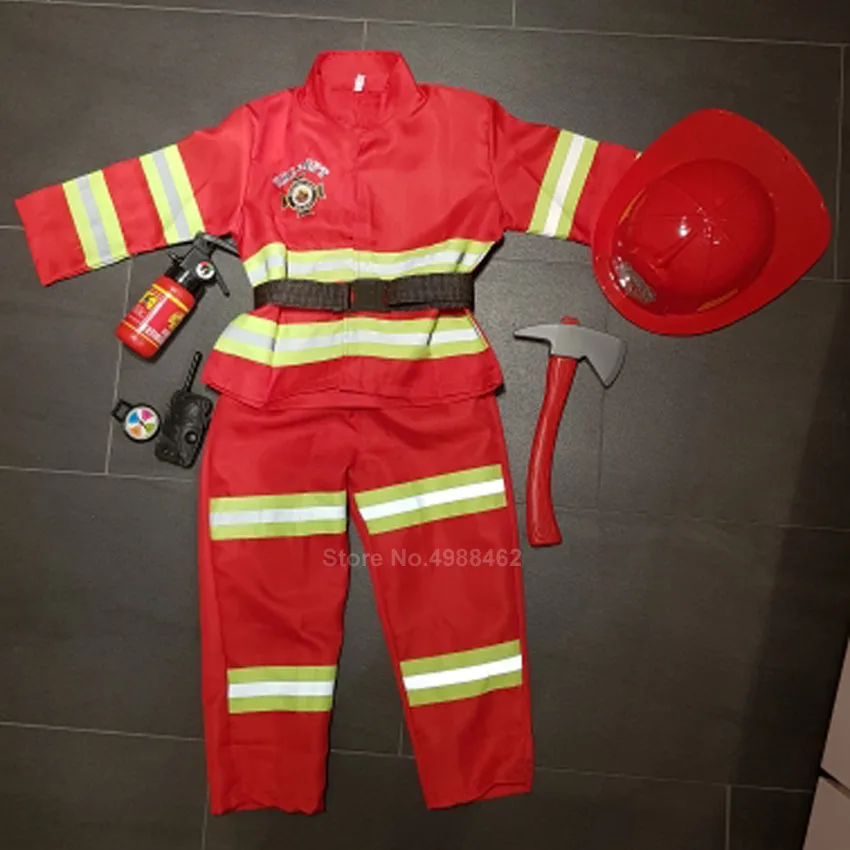 Disfraz de bombero Sam rojo para niños y niñas, disfraz de Halloween, Navidad, regalo de cumpleaños, uniforme del Departamento de Bomberos