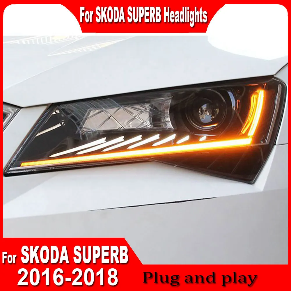 1 Pair For Car skoda Superb Headlights 2016 2017 2018 DRL Day Running Light LED Bi Xenon Bulb Fog Lights Car Accessory Head Lamp