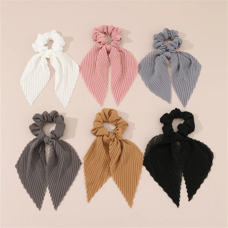 6Pcs/set Pleated Ribbon Scrunchie – Long Satin Tassel Ponytail Holder for Summer Vacation. view 5