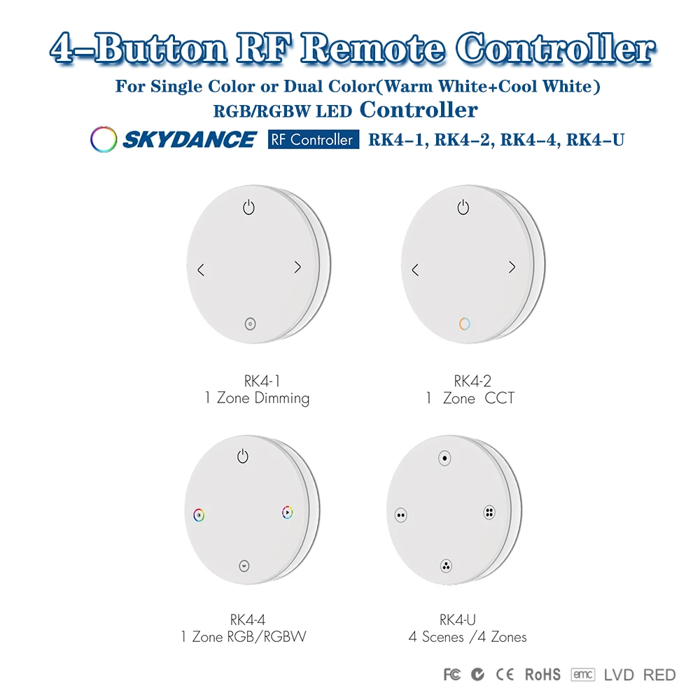 Skydance RK4-1 RK4-2RK4-4RK4-U 1Zone Dimmen 4-Knop 2,4GHzRF Afstandsbediening Voor Single/Dual Color RGB/RGBW LED Controller