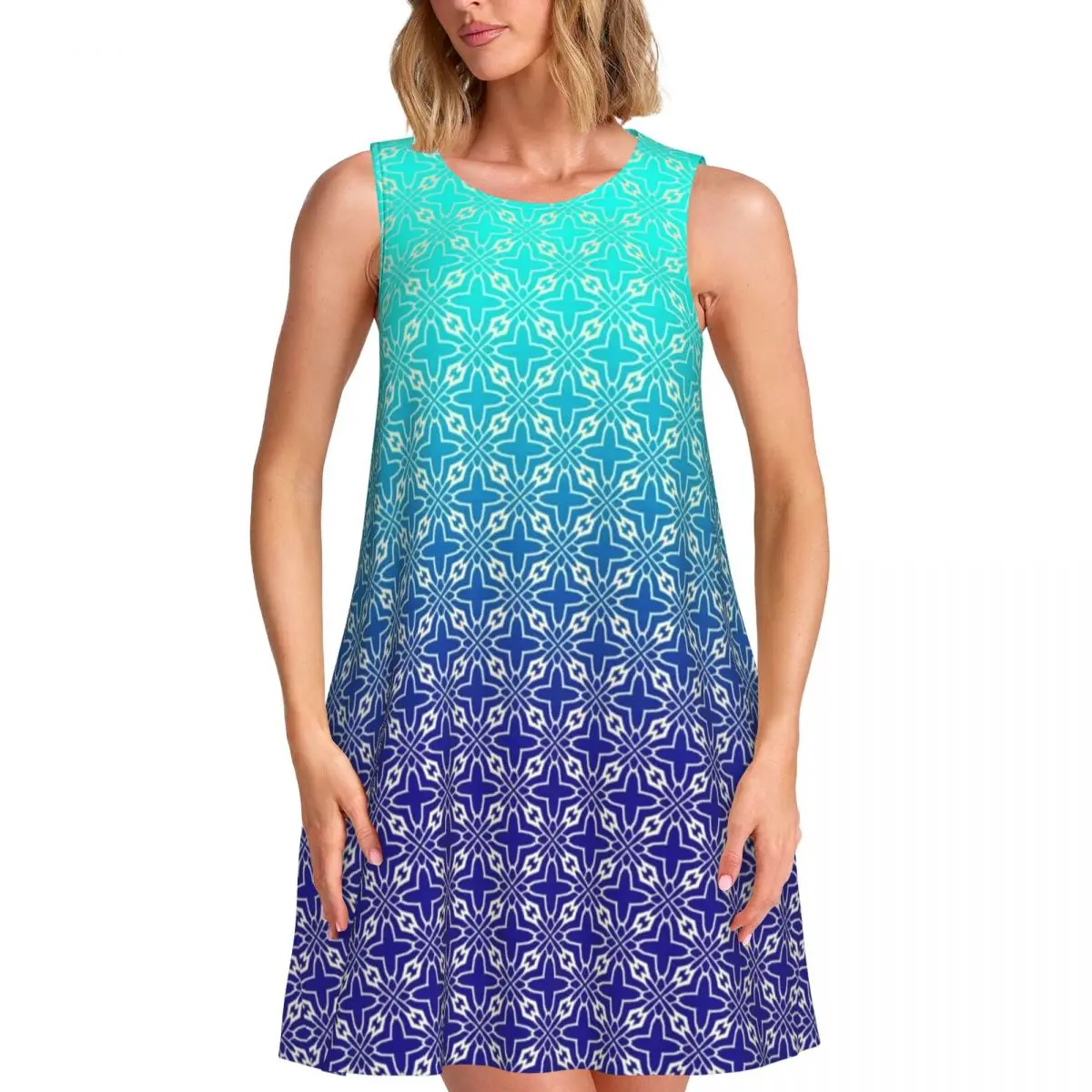 Vestido sin mangas de dos tonos azul claro con estampado de estrellas y azulejos, cuello redondo, estilo urbano, para mujer, vestido de verano, idea de regalo.