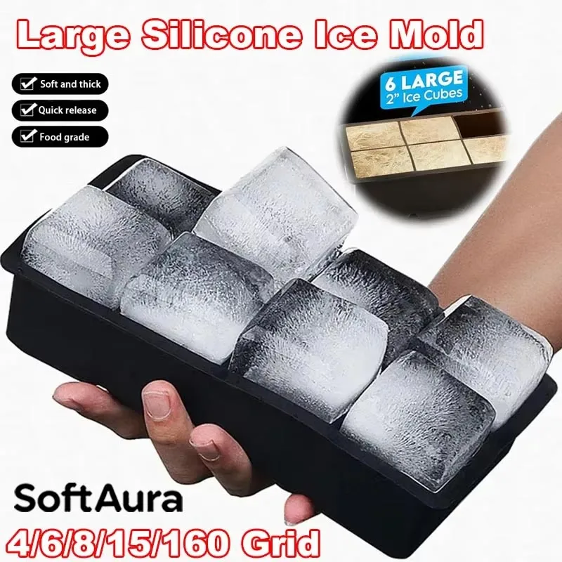 SoftAura 4/6/8/15/160 Grilles Grand bac à glaçons en silicone de qualité alimentaire, moule à glaçons géants carrés pour la maison, la cuisine et le bricolage