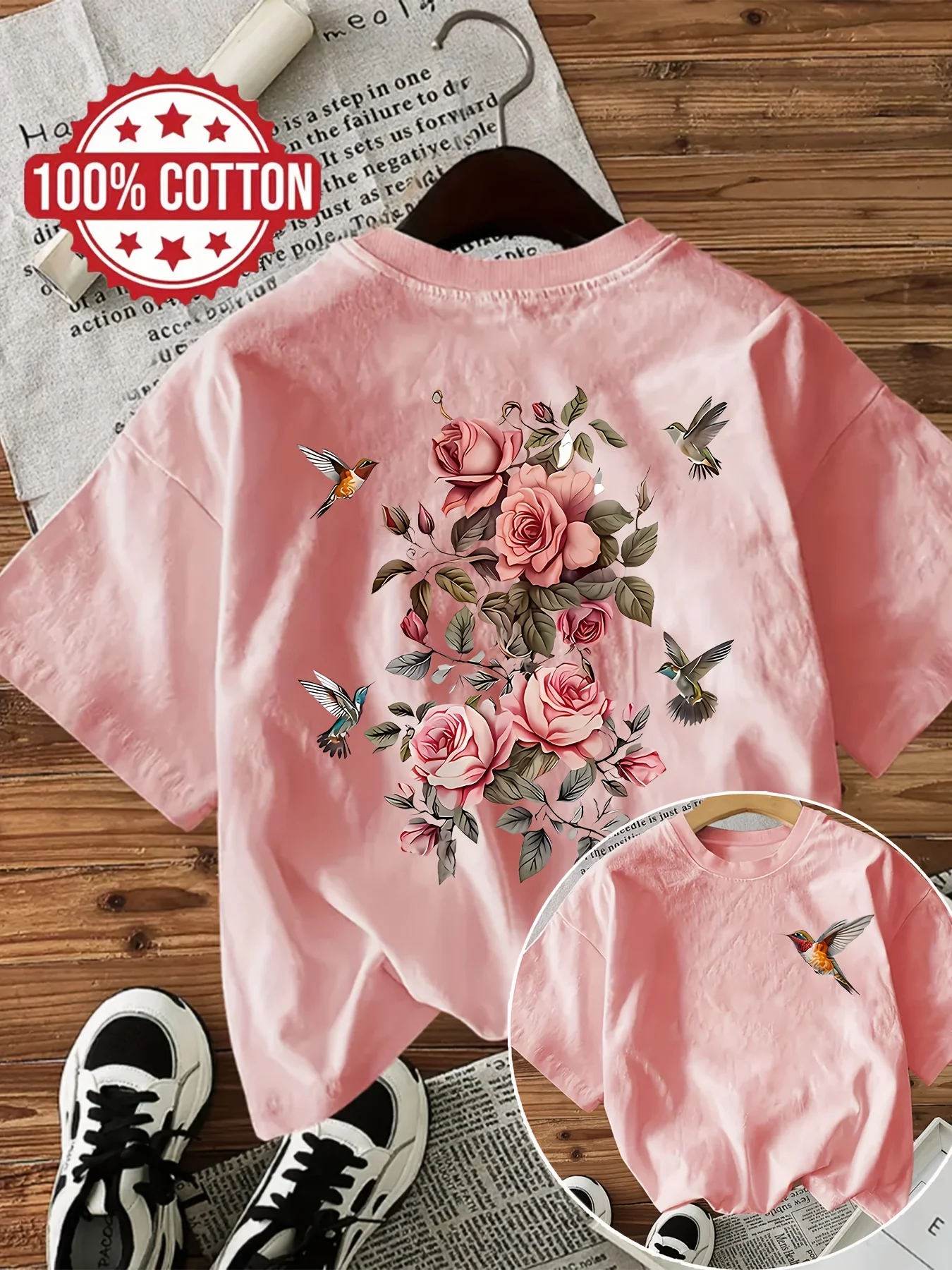 Gothic 100% Cotton Women'S Floral with Bird Print T-Shirt Casual Round Neck Short Sleeve Tee Flowers Vintage Ladies T Shirts