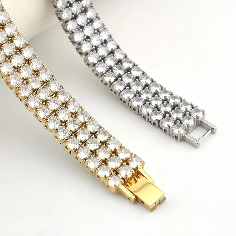 Hip Hop 3 Rows CZ Stone Bling Iced Out Stainless Steel Tennis Link Chain Bracelets for Men Rapper Jewelry Gold Silver Color