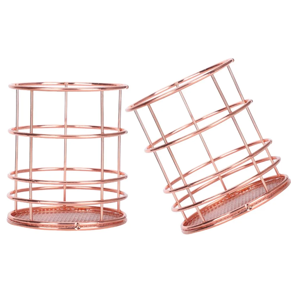 2Pcs Hollow Design Pen Holder Rose Gold Stainless Steel Desktop Storage Basket Mesh Multifunctional Storage Container Desktop