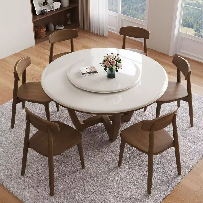 &c Nordic Modern Round Dining Table for Apartment 6-Seater Home Dining Room Furniture with Lazy Susan White Wood Top
