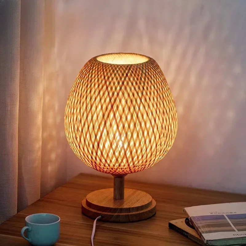 

New Chinese Zen Style Homestay Solid Wood Handmade Desk Lamp Antique Tea Room Bamboo Woven Study Bedroom Desk Lamp