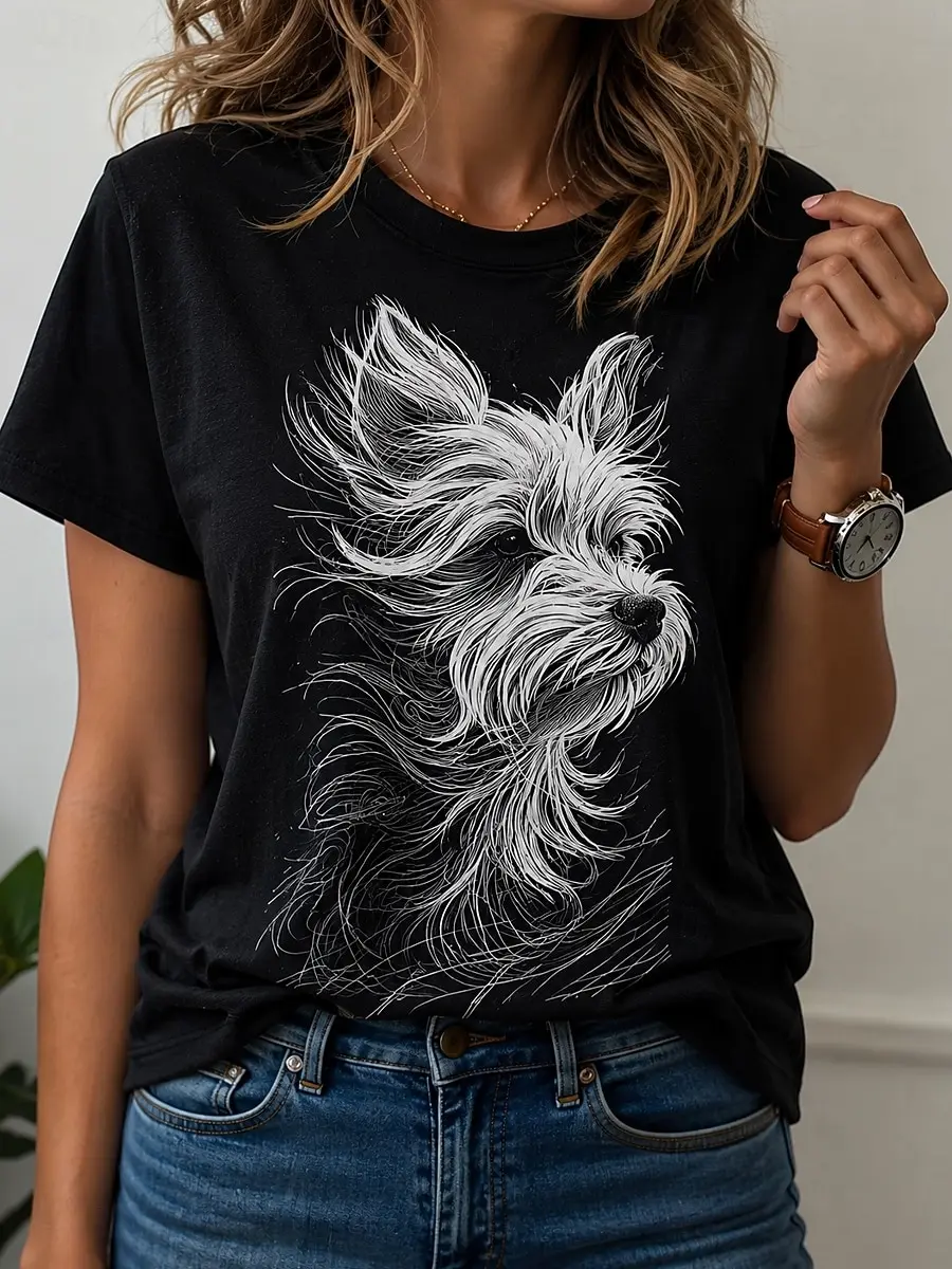 Women's Spring Summer 3D Printed Crew Neck T-Shirt, Sketch Line Yorkshire Terrier Dog Portrait Print Casual Daily Tee