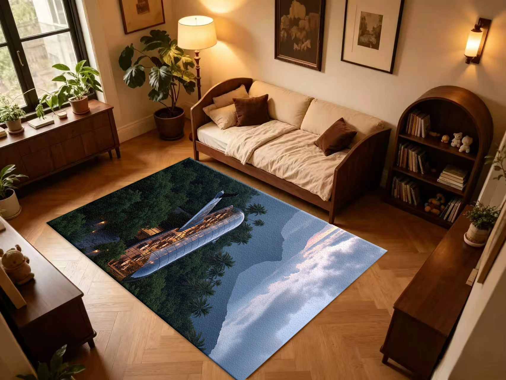Airplane Shape Glass Building Tropical Forest Carpet Flooring, Modern Fantasy Architecture Non-Slip Area Rug for Living Room Home Floor Mat