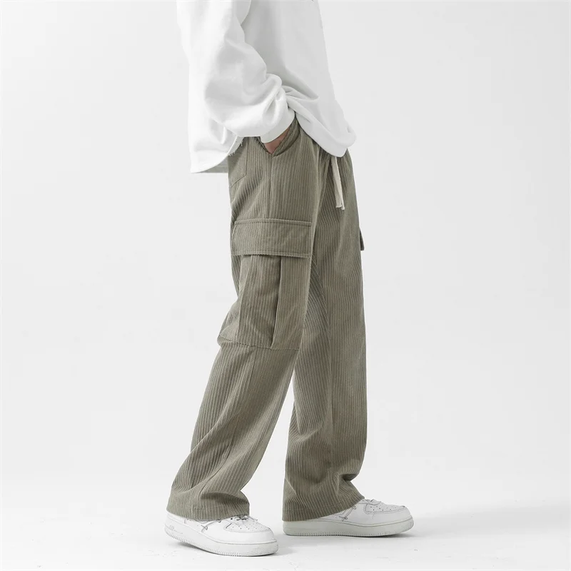 Gray Mens Corduroy Joggers Pants Casual Cargo Pants Y2k Drawstring Elastic Waist Workout Baggy Tapered Sweatpants with Pockets