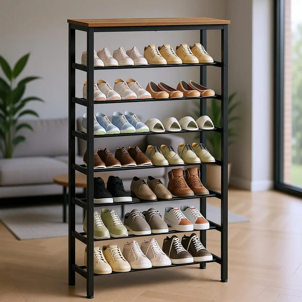 

8-Tier Adjustable Shoe Storage Organizer, Large Capacity for 32 Pairs, Rustic Brown and Black