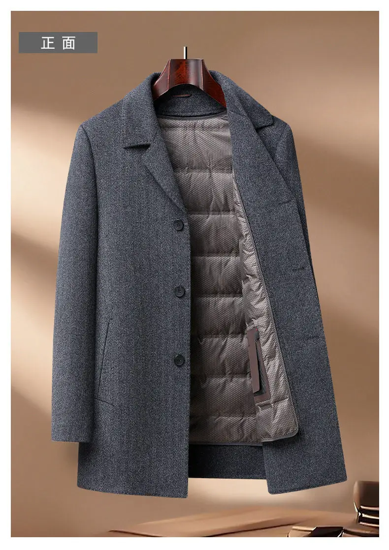 Klassischer Daunen-Wollmantel für Herren, Business-Casual Woll-Windbreaker, Pufferjacke, Dicke Warme Oberbekleidung, Wintermantel – Detail 12