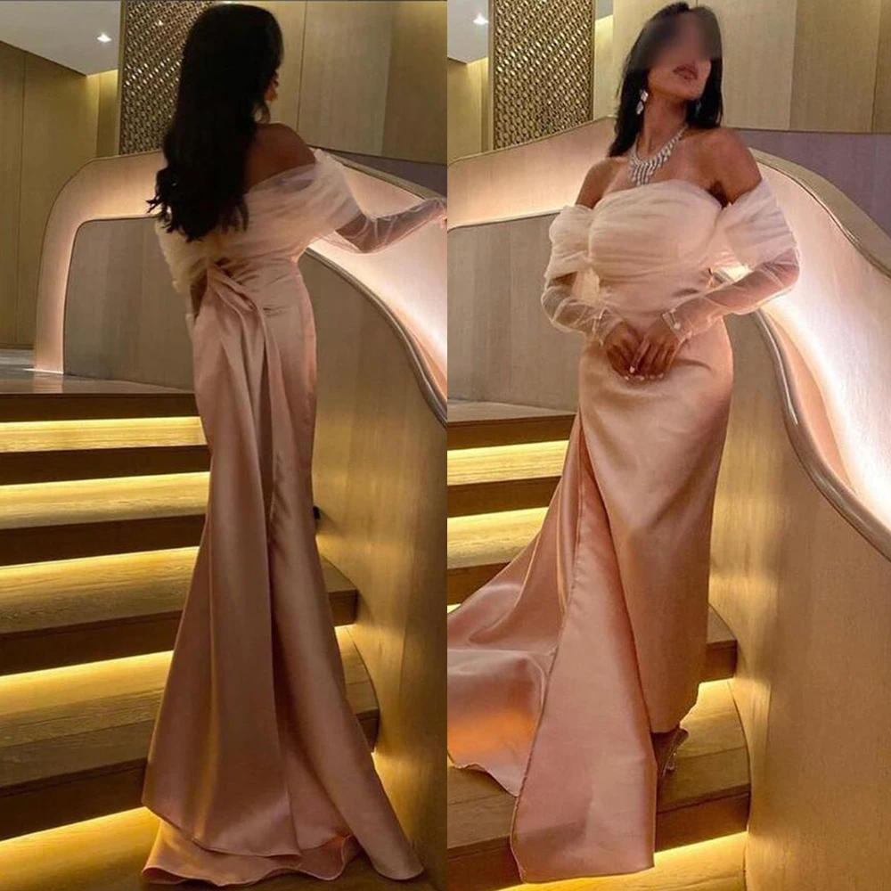 Prom Dresses Sexy Strapless Tulle Backless Evening  Sheath Women Formal Party  vestidos de gala Long Sleeve Vestidos