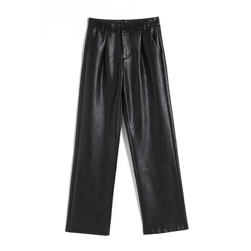 PU Leather Pant Women High Waist Straight Pant Autumn Winter Clothes Solid Pocket Streetwear Chic Black Faux Leather Trousers