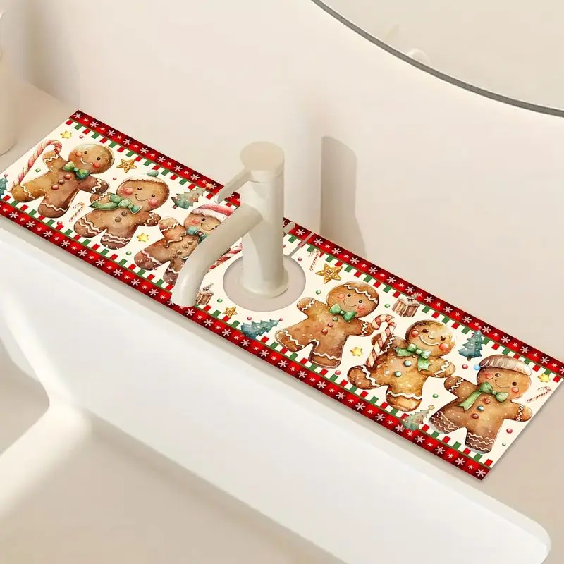 VIKAMA Christmas Faucet Mat Cream Gingerbread Man Candy Cane Plaid Border Sink Splash Pad Kitchen Christmas Holiday Decor