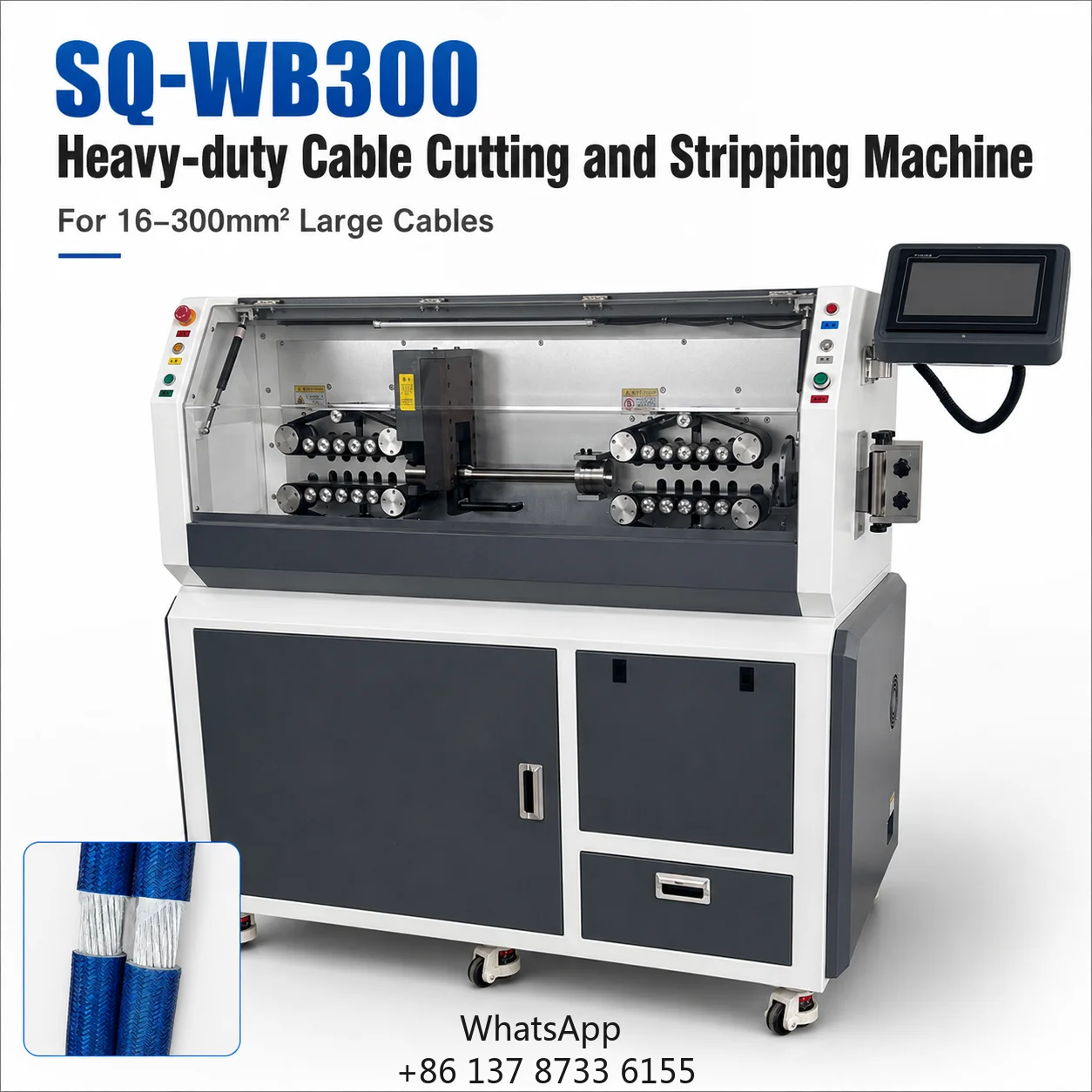 SQ-WB300 Heavy-Duty Cable Cutting Stripping Machine 16-300 Sq Mm 10-Inch Touchscreen PLC 3-Layer Stripping For Cable
